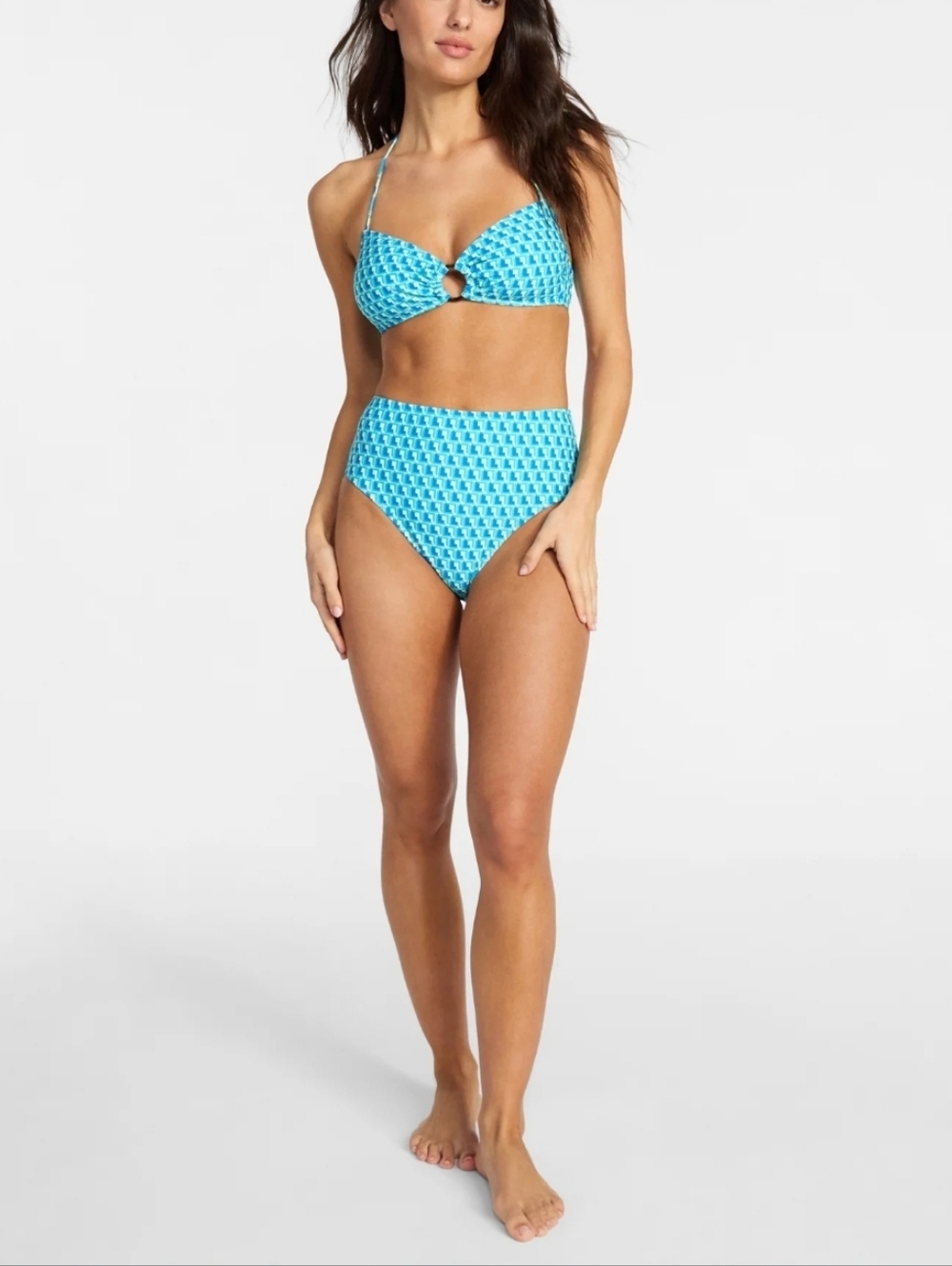 Time and Tru Women's High-Waisted Bikini Set Turquoise Geometric Retro Print